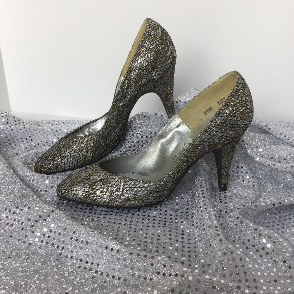SPECIAL OCCASION SAUGUS SHOES Sz 5 GOLD SILVER VINTAGE